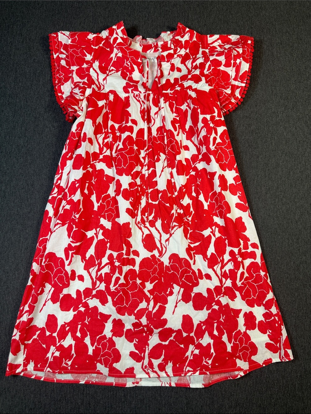 Avara Red & White Floral Print Pompom Ruffle Sleeve Mini Dress XS 100% Cotton